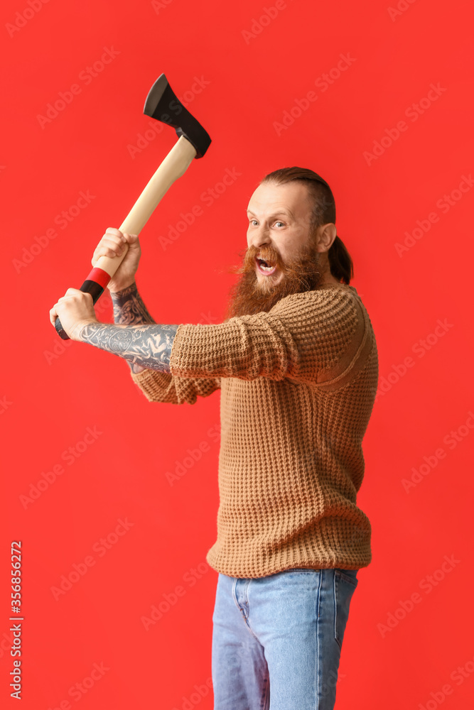 Sticker handsome lumberjack on color background