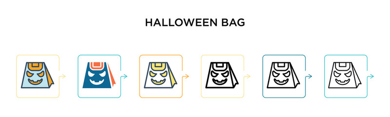 Halloween bag vector icon in 6 different modern styles. Black, two colored halloween bag icons designed in filled, outline, line and stroke style. Vector illustration can be used for web, mobile, ui