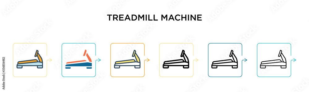 Poster treadmill machine vector icon in 6 different modern styles. black, two colored treadmill machine ico