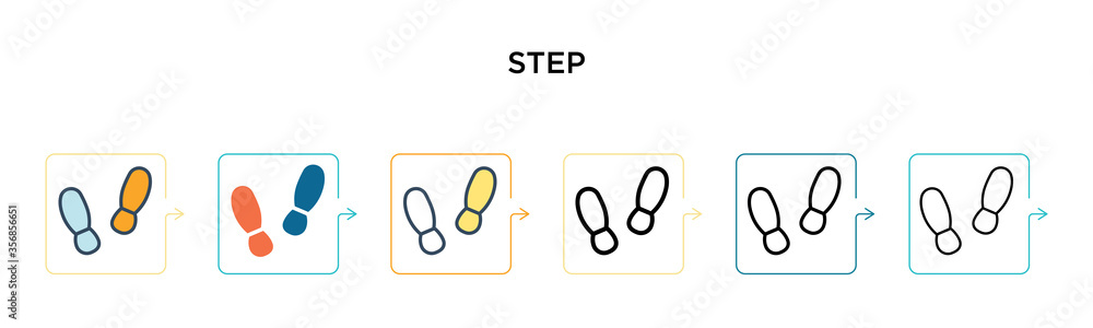 Poster step vector icon in 6 different modern styles. black, two colored step icons designed in filled, out