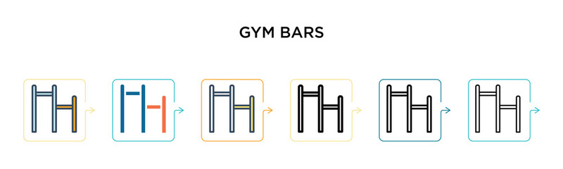 Gym bars vector icon in 6 different modern styles. Black, two colored gym bars icons designed in filled, outline, line and stroke style. Vector illustration can be used for web, mobile, ui