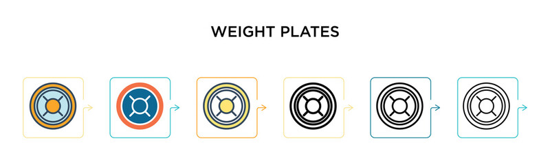 Weight plates vector icon in 6 different modern styles. Black, two colored weight plates icons designed in filled, outline, line and stroke style. Vector illustration can be used for web, mobile, ui