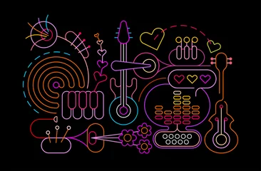 Zelfklevend Fotobehang Neon colors isolated on a black background Abstract Music Art vector illustration. Design of colored silhouettes of different musical instruments. ©  danjazzia
