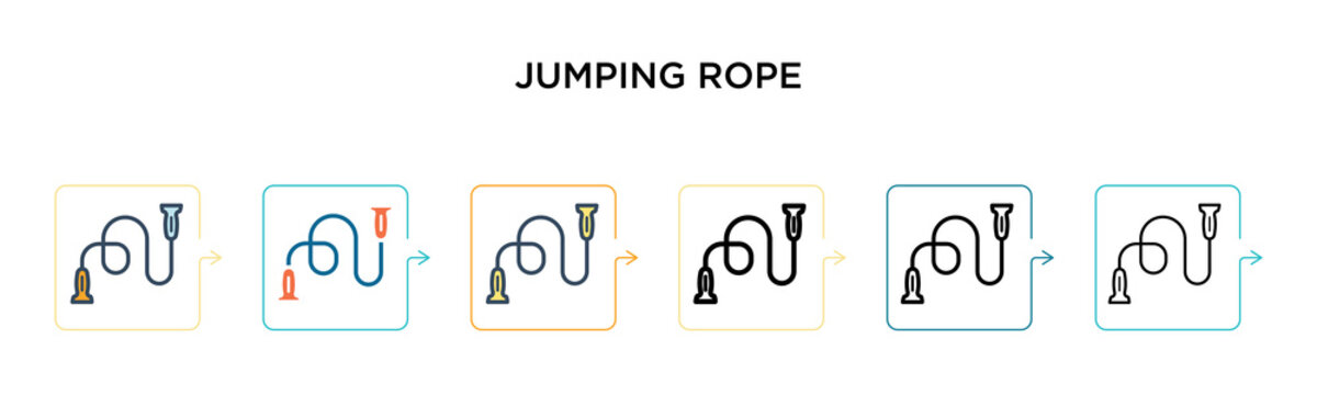 Jumping rope vector icon in 6 different modern styles. Black, two colored jumping rope icons designed in filled, outline, line and stroke style. Vector illustration can be used for web, mobile, ui