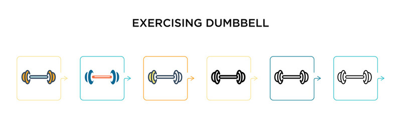 Exercising dumbbell vector icon in 6 different modern styles. Black, two colored exercising dumbbell icons designed in filled, outline, line and stroke style. Vector illustration can be used for web,