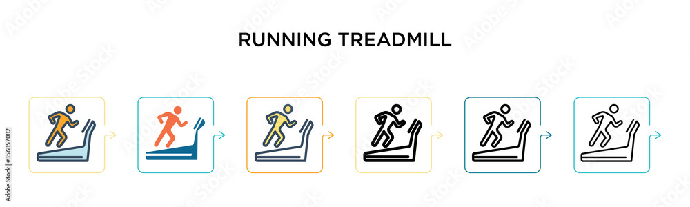Poster running treadmill vector icon in 6 different modern styles. black, two colored running treadmill ico