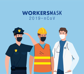 group workers wearing medical mask against 2019 ncov vector illustration design