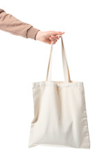 Female hand with eco bag on white background