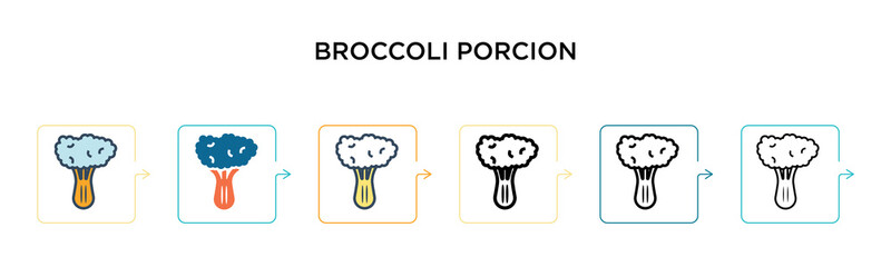Broccoli porcion vector icon in 6 different modern styles. Black, two colored broccoli porcion icons designed in filled, outline, line and stroke style. Vector illustration can be used for web,
