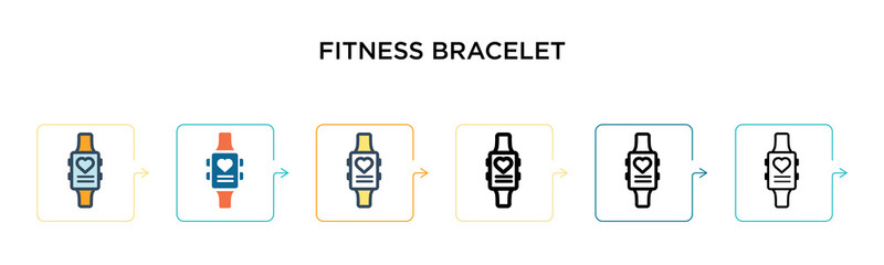 Fitness bracelet vector icon in 6 different modern styles. Black, two colored fitness bracelet icons designed in filled, outline, line and stroke style. Vector illustration can be used for web,