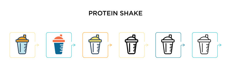 Protein shake vector icon in 6 different modern styles. Black, two colored protein shake icons designed in filled, outline, line and stroke style. Vector illustration can be used for web, mobile, ui