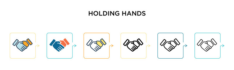 Holding hands vector icon in 6 different modern styles. Black, two colored holding hands icons designed in filled, outline, line and stroke style. Vector illustration can be used for web, mobile, ui
