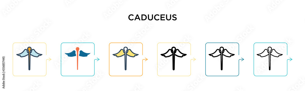 Poster caduceus vector icon in 6 different modern styles. black, two colored caduceus icons designed in fil