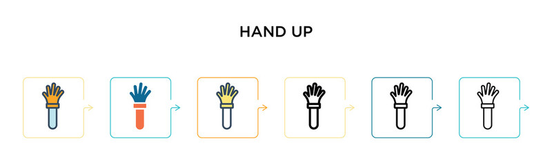 Hand up vector icon in 6 different modern styles. Black, two colored hand up icons designed in filled, outline, line and stroke style. Vector illustration can be used for web, mobile, ui