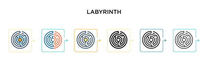 Labyrinth vector icon in 6 different modern styles. Black, two colored labyrinth icons designed in filled, outline, line and stroke style. Vector illustration can be used for web, mobile, ui