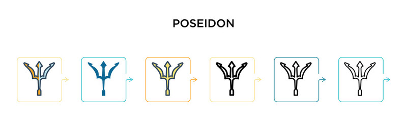 Poseidon vector icon in 6 different modern styles. Black, two colored poseidon icons designed in filled, outline, line and stroke style. Vector illustration can be used for web, mobile, ui