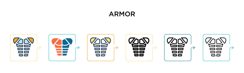 Armor vector icon in 6 different modern styles. Black, two colored armor icons designed in filled, outline, line and stroke style. Vector illustration can be used for web, mobile, ui