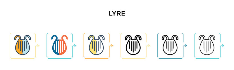 Lyre vector icon in 6 different modern styles. Black, two colored lyre icons designed in filled, outline, line and stroke style. Vector illustration can be used for web, mobile, ui