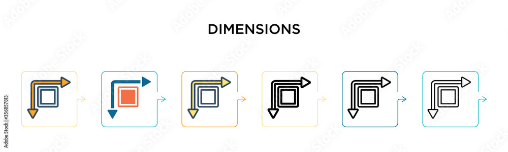 Aufkleber dimensions vector icon in 6 different modern styles. black, two colored dimensions icons designed in