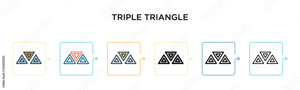 Poster triple triangle vector icon in 6 different modern styles. black, two colored triple triangle icons d