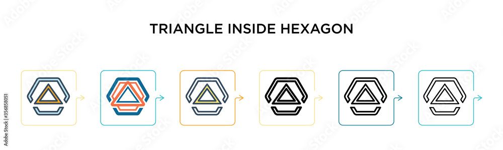 Aufkleber triangle inside hexagon vector icon in 6 different modern styles. black, two colored triangle inside