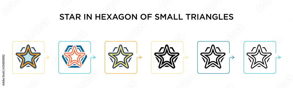 Poster star in hexagon of small triangles vector icon in 6 different modern styles. black, two colored star