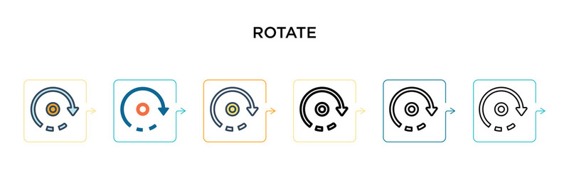Rotate vector icon in 6 different modern styles. Black, two colored rotate icons designed in filled, outline, line and stroke style. Vector illustration can be used for web, mobile, ui