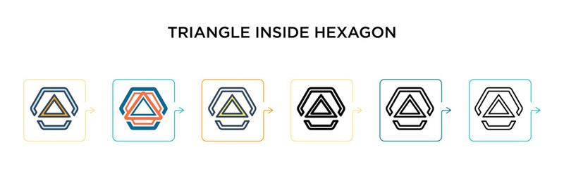 Triangle inside hexagon vector icon in 6 different modern styles. Black, two colored triangle inside hexagon icons designed in filled, outline, line and stroke style. Vector illustration can be used