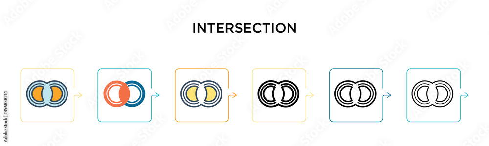 Poster intersection vector icon in 6 different modern styles. black, two colored intersection icons designe
