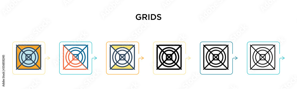 Poster grids vector icon in 6 different modern styles. black, two colored grids icons designed in filled, o
