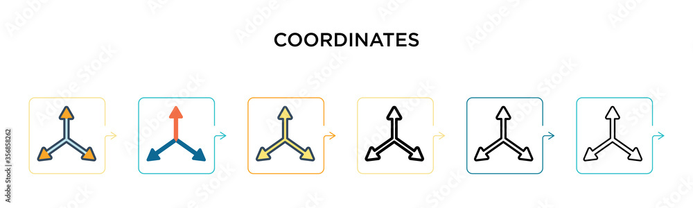 Poster coordinates vector icon in 6 different modern styles. black, two colored coordinates icons designed 