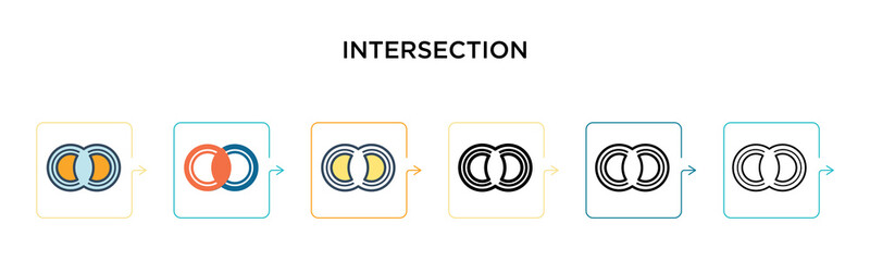 Intersection vector icon in 6 different modern styles. Black, two colored intersection icons designed in filled, outline, line and stroke style. Vector illustration can be used for web, mobile, ui