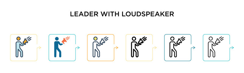 Leader with loudspeaker vector icon in 6 different modern styles. Black, two colored leader with loudspeaker icons designed in filled, outline, line and stroke style. Vector illustration can be used