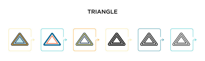 Triangle vector icon in 6 different modern styles. Black, two colored triangle icons designed in filled, outline, line and stroke style. Vector illustration can be used for web, mobile, ui