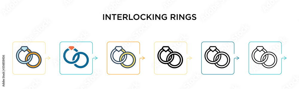 Poster interlocking rings vector icon in 6 different modern styles. black, two colored interlocking rings i