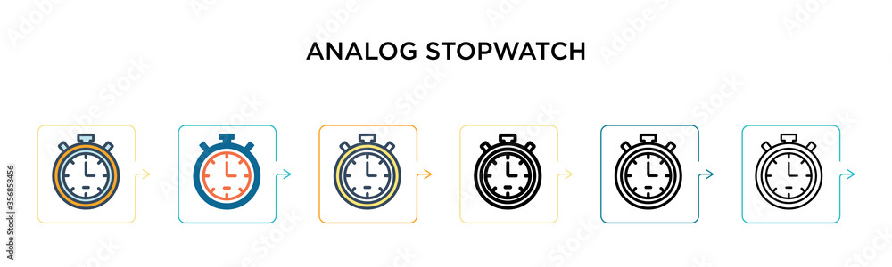 Poster analog stopwatch vector icon in 6 different modern styles. black, two colored analog stopwatch icons