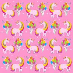 Cute colorful unicorn and colorful balloons seamless pattern background in kawaii style.  Good for textiles, fabrics, bedding, wrapping paper, scrapbooking, etc. illustration