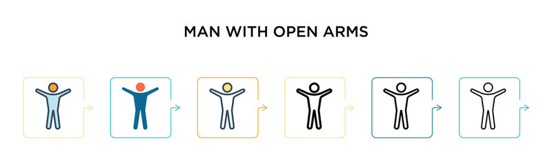Man with open arms vector icon in 6 different modern styles. Black, two colored man with open arms icons designed in filled, outline, line and stroke style. Vector illustration can be used for web,
