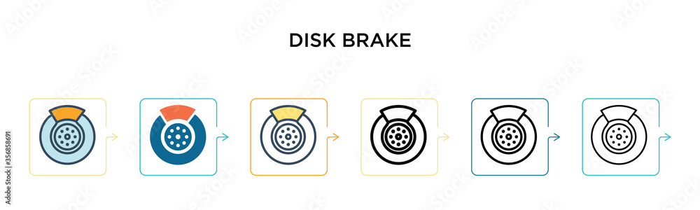 Poster disk brake vector icon in 6 different modern styles. black, two colored disk brake icons designed in