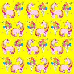 Cute unicorn and colorful balloons seamless pattern background in kawaii style.  Good for textiles, fabrics, bedding, wrapping paper, scrapbooking, etc.  illustration