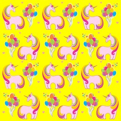 Cute unicorn and colorful balloons seamless pattern background in kawaii style.  Good for textiles, fabrics, bedding, wrapping paper, scrapbooking, etc.  illustration