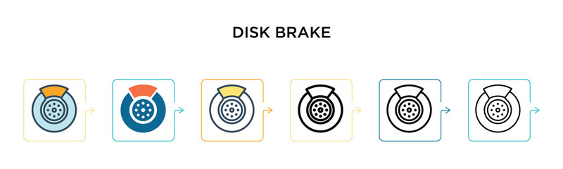 Disk brake vector icon in 6 different modern styles. Black, two colored disk brake icons designed in filled, outline, line and stroke style. Vector illustration can be used for web, mobile, ui