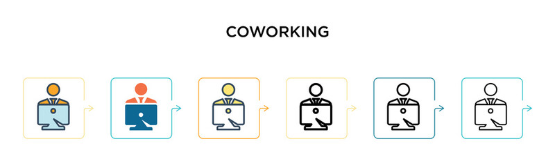 Coworking vector icon in 6 different modern styles. Black, two colored coworking icons designed in filled, outline, line and stroke style. Vector illustration can be used for web, mobile, ui