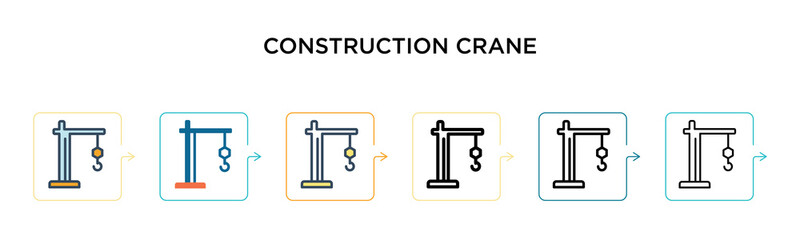 Construction crane vector icon in 6 different modern styles. Black, two colored construction crane icons designed in filled, outline, line and stroke style. Vector illustration can be used for web,