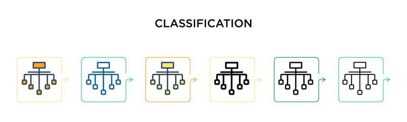 Classification vector icon in 6 different modern styles. Black, two colored classification icons designed in filled, outline, line and stroke style. Vector illustration can be used for web, mobile, ui