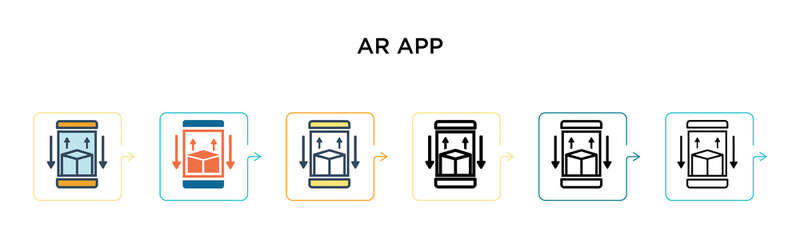 Ar app vector icon in 6 different modern styles. Black, two colored ar app icons designed in filled, outline, line and stroke style. Vector illustration can be used for web, mobile, ui