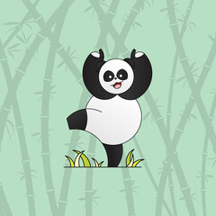 Happy dancing panda made with golden ration technique. Smiling panda illustration with green bamboo forest on background.