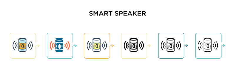 Smart speaker vector icon in 6 different modern styles. Black, two colored smart speaker icons designed in filled, outline, line and stroke style. Vector illustration can be used for web, mobile, ui