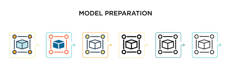 Model preparation vector icon in 6 different modern styles. Black, two colored model preparation icons designed in filled, outline, line and stroke style. Vector illustration can be used for web,