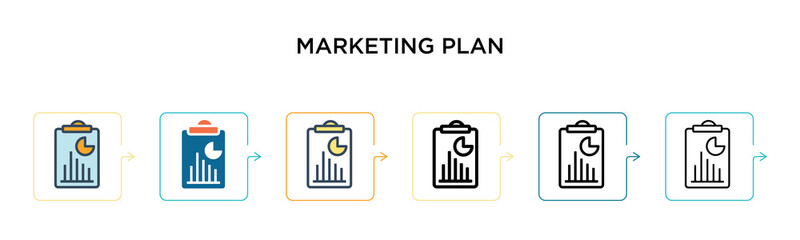 Marketing plan vector icon in 6 different modern styles. Black, two colored marketing plan icons designed in filled, outline, line and stroke style. Vector illustration can be used for web, mobile, ui